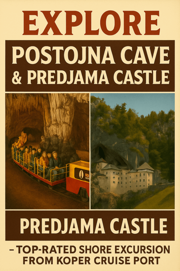 Overview text banner for Postojna Cave and Predjama Castle shore excursion from Koper cruise port.