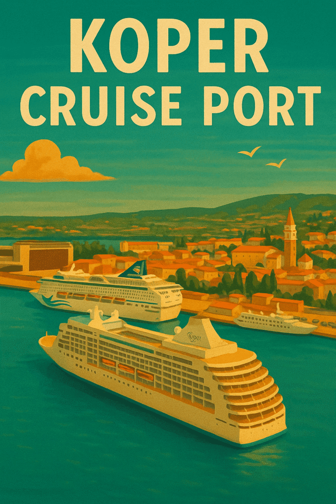Illustration of Koper Cruise Port with ships docking near the old town skyline.