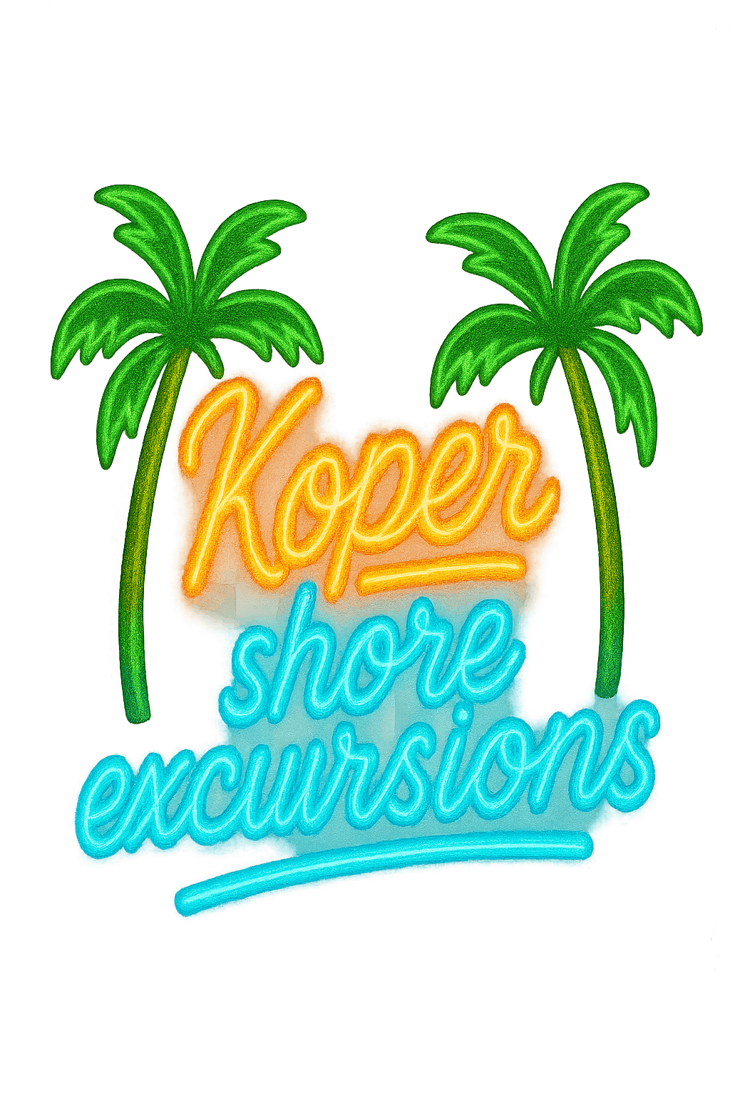 Koper shore excursions neon palm tree logo for cruise guest tours.