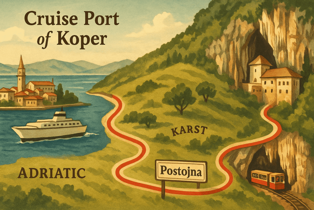 Illustrated route from Koper cruise port through Karst region to Postojna Cave.