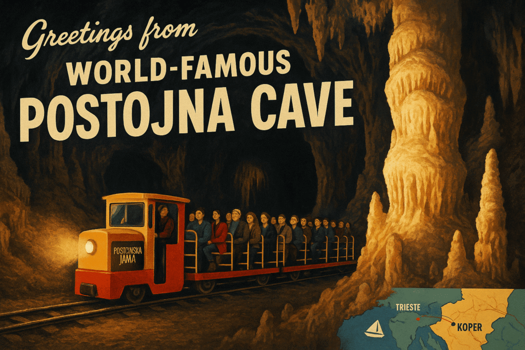 Greetings from Postojna Cave banner featuring train ride and map with Koper and Trieste.