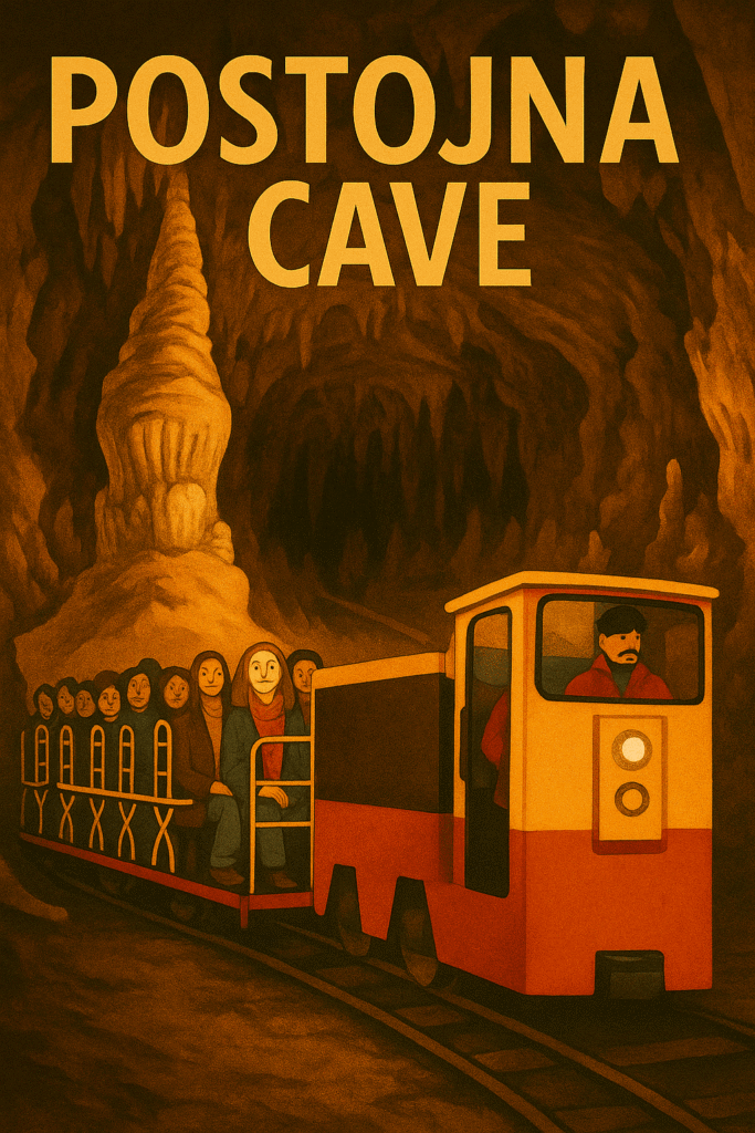 Illustration of Postojna Cave train ride featured in tour from Koper Slovenia.