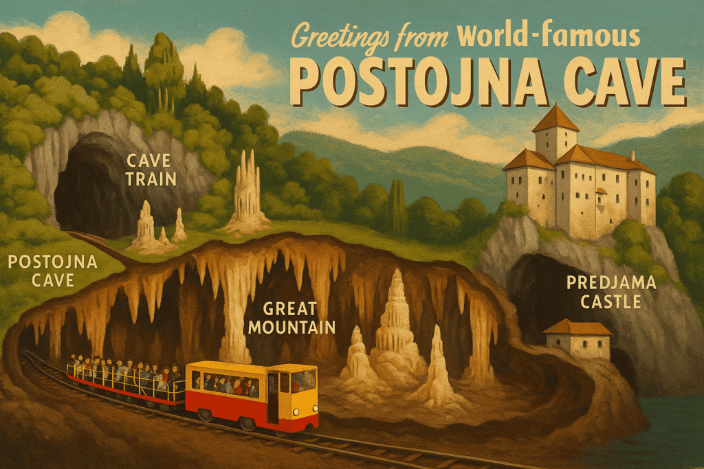 Postojna Cave cutaway illustration showing train, Great Mountain chamber, and Predjama Castle.